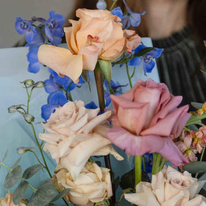 Simple Bouquet "Vanilla Sky" with rose hydrangea and delphiniums