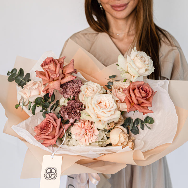 Caffè Latte Simple Bouquet with white hydrangea and rose-Bloom Boom Flowers