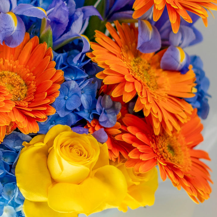 Bouquet "Sunny Symphony" with gerberas, irises, yellow roses, and hydrangeas