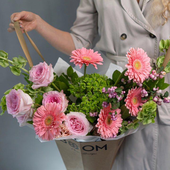 Bouquet "Mystic Meadow" with pink roses, pink gerberas and green hydrangea