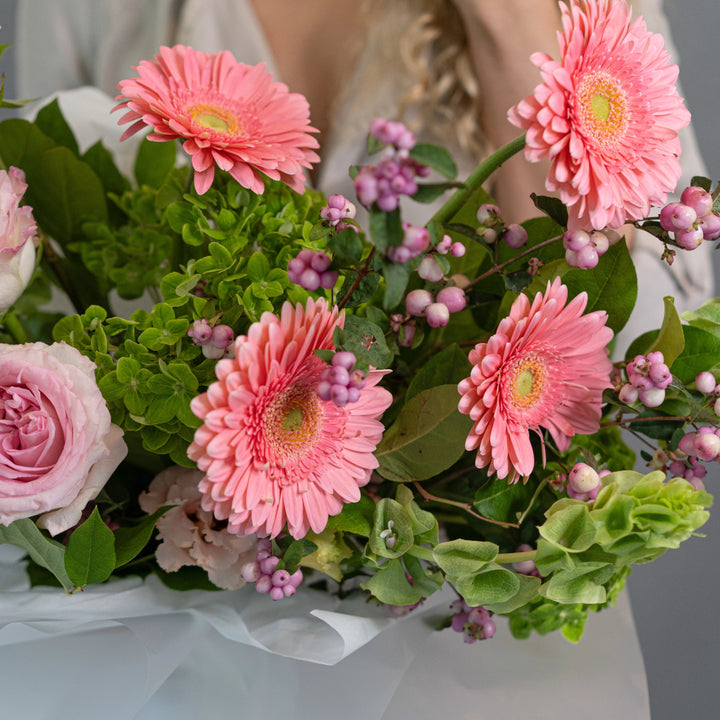 Bouquet "Mystic Meadow" with pink roses, pink gerberas and green hydrangea