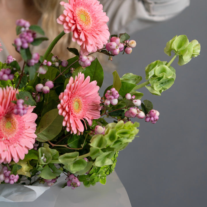 Bouquet "Mystic Meadow" with pink roses, pink gerberas and green hydrangea