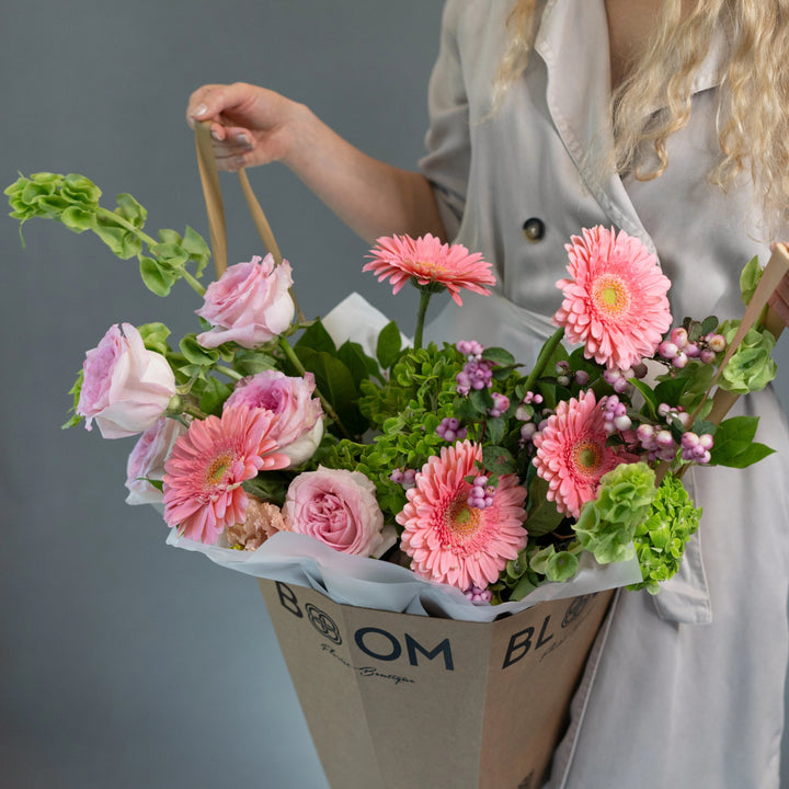 Bouquet "Mystic Meadow" with pink roses, pink gerberas and green hydrangea