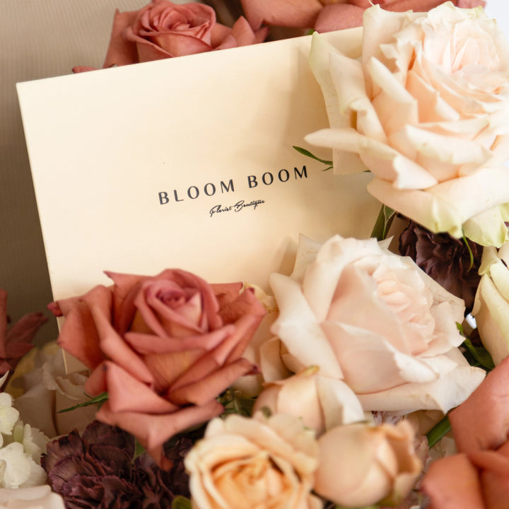 Caffè Latte Basket with white hydrangea and rose