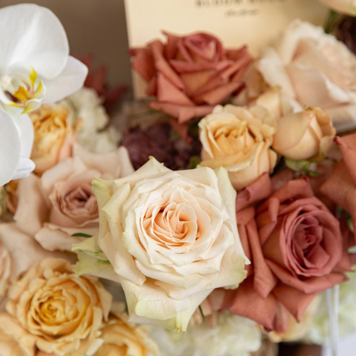 Caffè Latte Basket with white hydrangea and rose