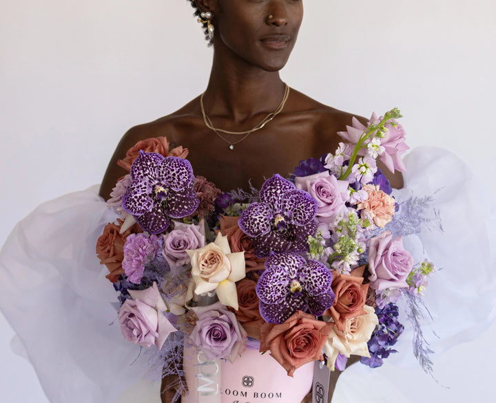 Box Lavender Raf with carnations and orchids