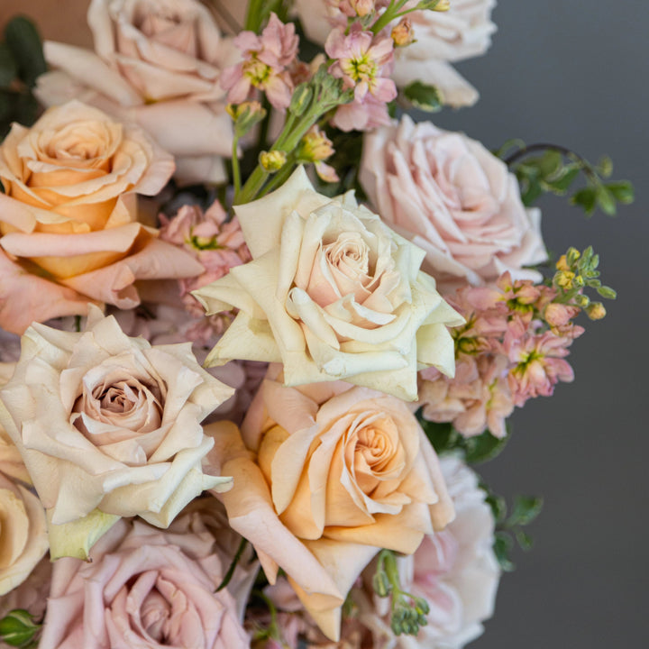 Flower box "Vanilla Sky" with roses, hydrangea, carnation and matthiola