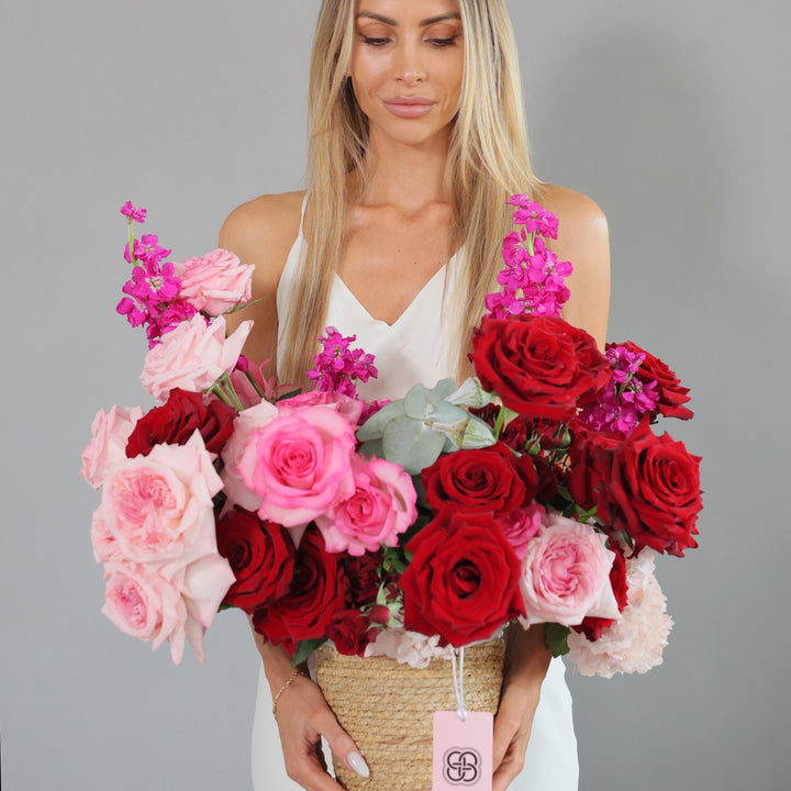 Basket Whispers of Love with hydrangea and roses