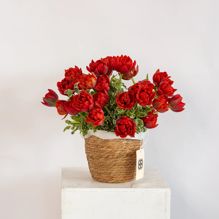 Flower basket "Red Garden" with red tulips