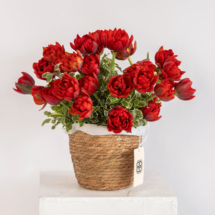 Flower basket "Red Garden" with red tulips