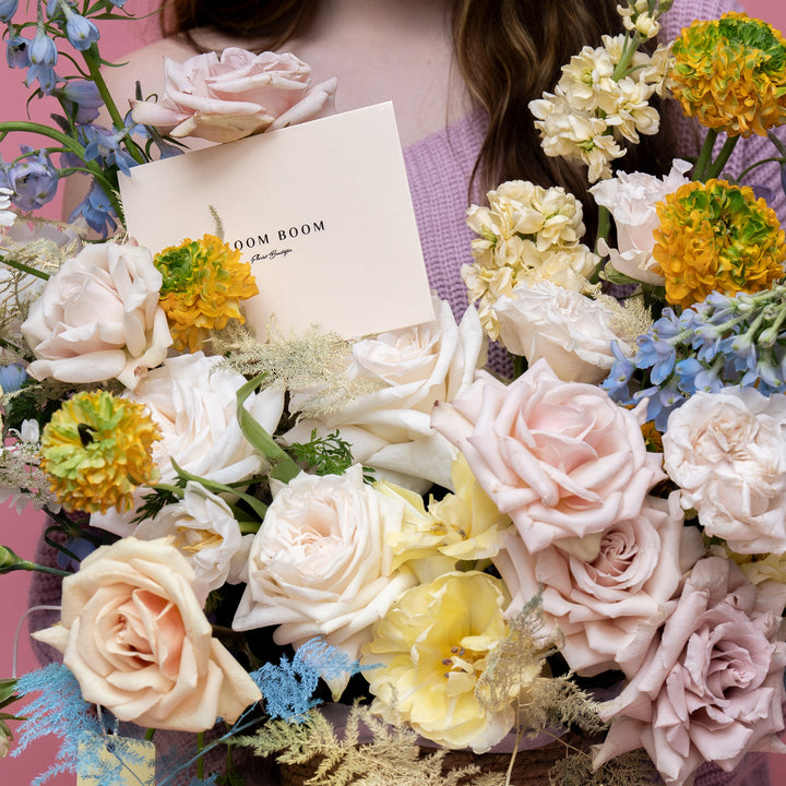 Flower basket "Lovely" with roses and tulips